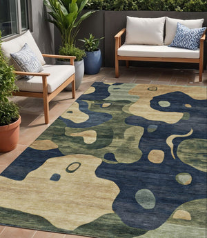 HomeRoots 5' Abstract Navy Blue, Gold & Olive Green Washable Area Rug for Stylish Indoor & Outdoor Spaces 5' X 8' 630604