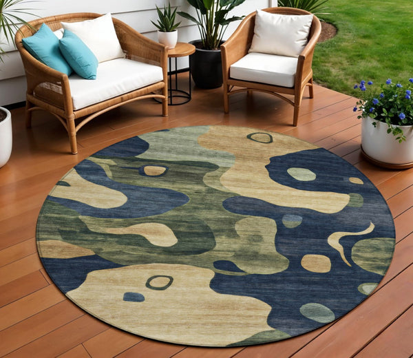 HomeRoots 5' Abstract Navy Blue, Gold & Olive Green Washable Area Rug for Stylish Indoor & Outdoor Spaces 8' Round 630605
