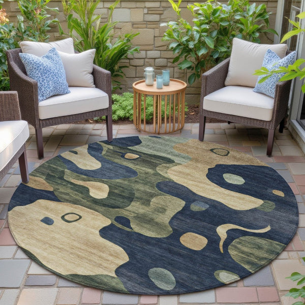 HomeRoots 5' Abstract Navy Blue, Gold & Olive Green Washable Area Rug for Stylish Indoor & Outdoor Spaces 8' Round 630605