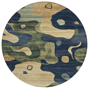 HomeRoots 5' Abstract Navy Blue, Gold & Olive Green Washable Area Rug for Stylish Indoor & Outdoor Spaces 8' Round 630605