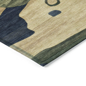 HomeRoots 5' Abstract Navy Blue, Gold & Olive Green Washable Area Rug for Stylish Indoor & Outdoor Spaces 8' Round 630605