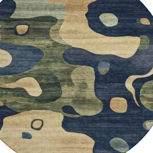 HomeRoots 5' Abstract Navy Blue, Gold & Olive Green Washable Area Rug for Stylish Indoor & Outdoor Spaces 8' Round 630605