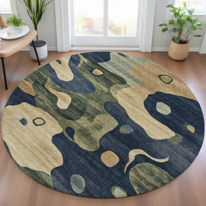 HomeRoots 5' Abstract Navy Blue, Gold & Olive Green Washable Area Rug for Stylish Indoor & Outdoor Spaces 8' Round 630605
