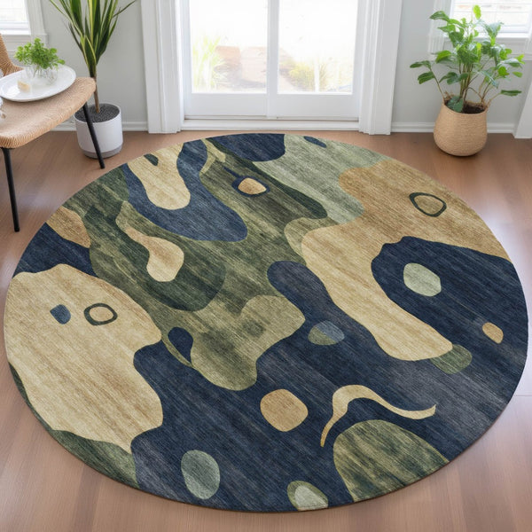 HomeRoots 5' Abstract Navy Blue, Gold & Olive Green Washable Area Rug for Stylish Indoor & Outdoor Spaces 8' Round 630605