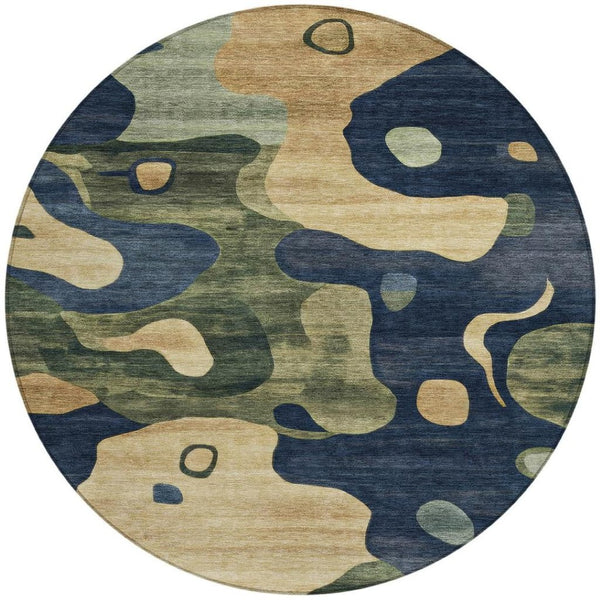 HomeRoots 5' Abstract Navy Blue, Gold & Olive Green Washable Area Rug for Stylish Indoor & Outdoor Spaces 8' Round 630605