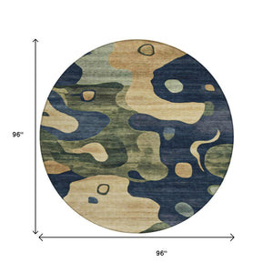 HomeRoots 5' Abstract Navy Blue, Gold & Olive Green Washable Area Rug for Stylish Indoor & Outdoor Spaces 8' Round 630605