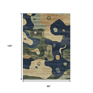 HomeRoots 5' Abstract Navy Blue, Gold & Olive Green Washable Area Rug for Stylish Indoor & Outdoor Spaces 8' X 10' 630606