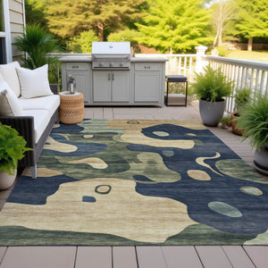 HomeRoots 5' Abstract Navy Blue, Gold & Olive Green Washable Area Rug for Stylish Indoor & Outdoor Spaces 8' X 10' 630606