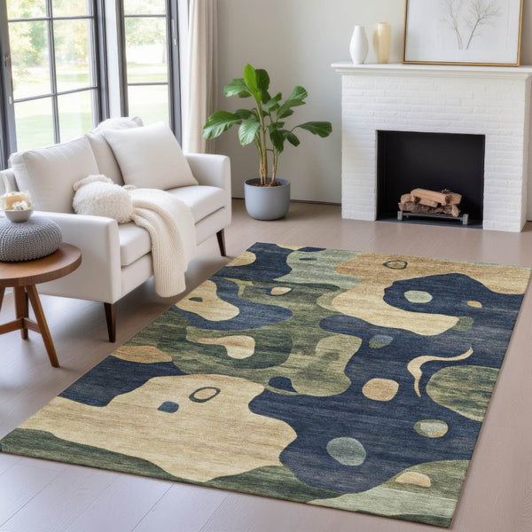 HomeRoots 5' Abstract Navy Blue, Gold & Olive Green Washable Area Rug for Stylish Indoor & Outdoor Spaces 8' X 10' 630606