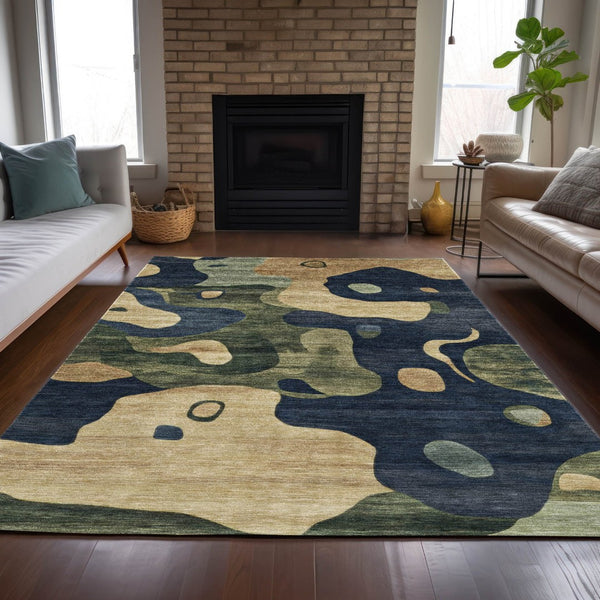 HomeRoots 5' Abstract Navy Blue, Gold & Olive Green Washable Area Rug for Stylish Indoor & Outdoor Spaces 8' X 10' 630606