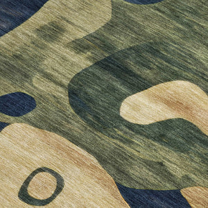 HomeRoots 5' Abstract Navy Blue, Gold & Olive Green Washable Area Rug for Stylish Indoor & Outdoor Spaces 9' X 12' 630607