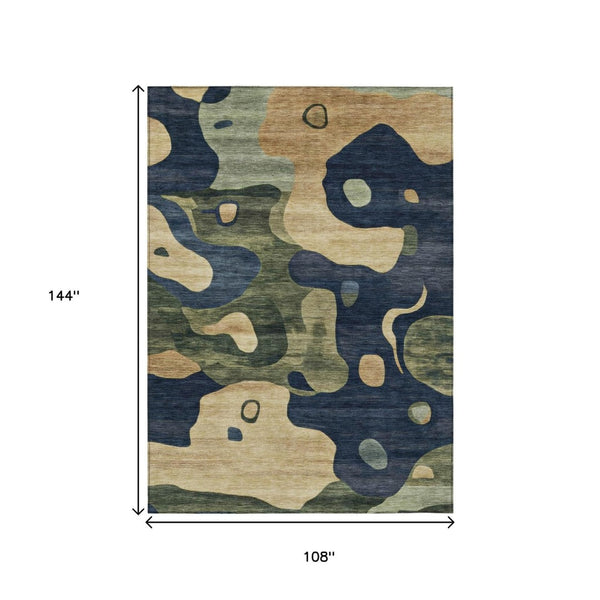 HomeRoots 5' Abstract Navy Blue, Gold & Olive Green Washable Area Rug for Stylish Indoor & Outdoor Spaces 9' X 12' 630607