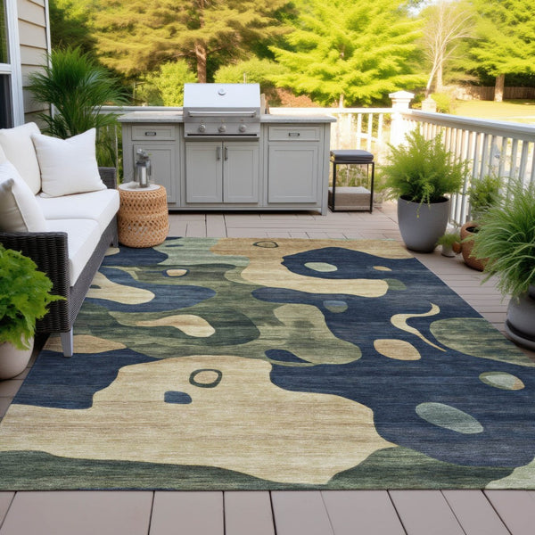 HomeRoots 5' Abstract Navy Blue, Gold & Olive Green Washable Area Rug for Stylish Indoor & Outdoor Spaces 9' X 12' 630607
