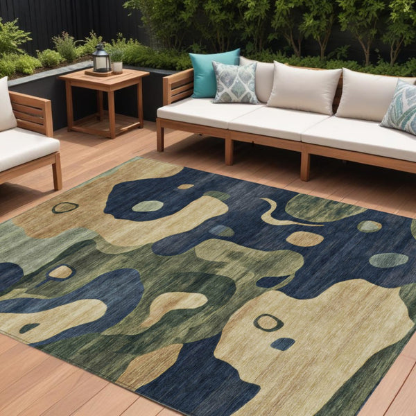 HomeRoots 5' Abstract Navy Blue, Gold & Olive Green Washable Area Rug for Stylish Indoor & Outdoor Spaces 10' X 14' 630608