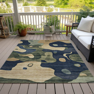 HomeRoots 5' Abstract Navy Blue, Gold & Olive Green Washable Area Rug for Stylish Indoor & Outdoor Spaces 10' X 14' 630608