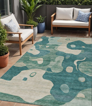 HomeRoots 5' Abstract Teal Blue, Ivory & Beige Washable Area Rug for Indoor/Outdoor Spaces - Stylish & Durable 5' X 8' 630610