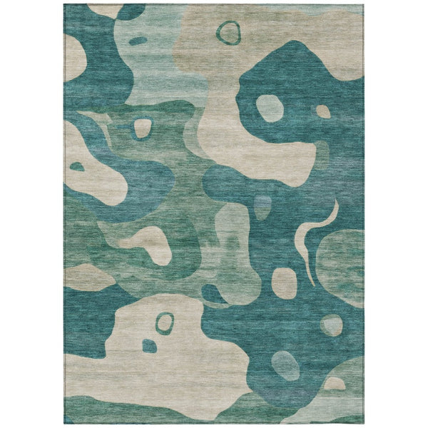 HomeRoots 5' Abstract Teal Blue, Ivory & Beige Washable Area Rug for Indoor/Outdoor Spaces - Stylish & Durable 5' X 8' 630610