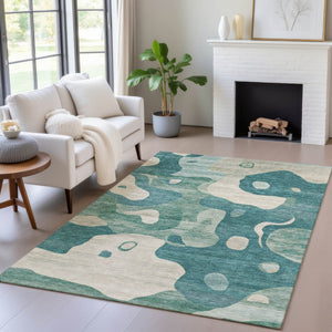 HomeRoots 5' Abstract Teal Blue, Ivory & Beige Washable Area Rug for Indoor/Outdoor Spaces - Stylish & Durable 5' X 8' 630610