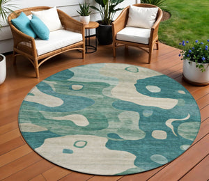 HomeRoots 5' Abstract Teal Blue, Ivory & Beige Washable Area Rug for Indoor/Outdoor Spaces - Stylish & Durable 8' Round 630611