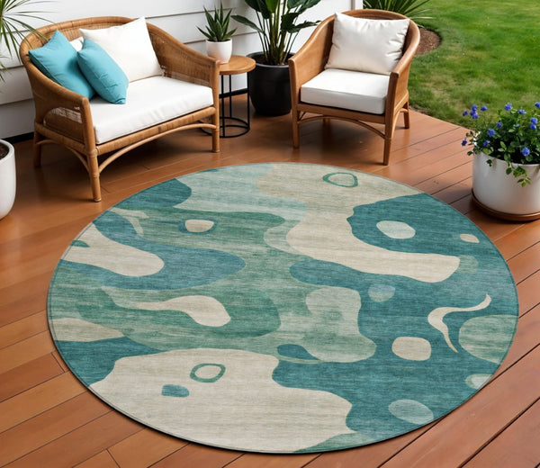 HomeRoots 5' Abstract Teal Blue, Ivory & Beige Washable Area Rug for Indoor/Outdoor Spaces - Stylish & Durable 8' Round 630611