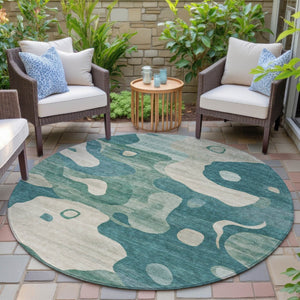 HomeRoots 5' Abstract Teal Blue, Ivory & Beige Washable Area Rug for Indoor/Outdoor Spaces - Stylish & Durable 8' Round 630611