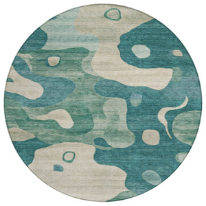 HomeRoots 5' Abstract Teal Blue, Ivory & Beige Washable Area Rug for Indoor/Outdoor Spaces - Stylish & Durable 8' Round 630611