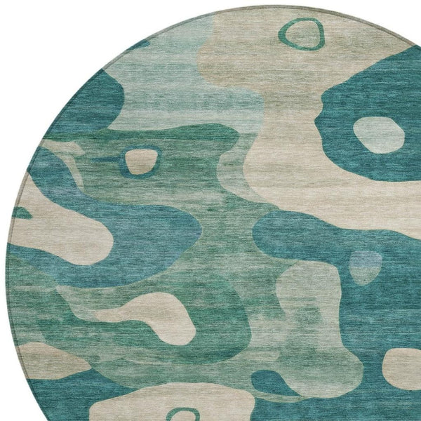 HomeRoots 5' Abstract Teal Blue, Ivory & Beige Washable Area Rug for Indoor/Outdoor Spaces - Stylish & Durable 8' Round 630611