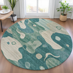 HomeRoots 5' Abstract Teal Blue, Ivory & Beige Washable Area Rug for Indoor/Outdoor Spaces - Stylish & Durable 8' Round 630611