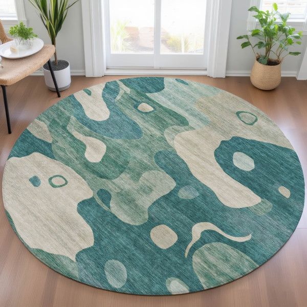 HomeRoots 5' Abstract Teal Blue, Ivory & Beige Washable Area Rug for Indoor/Outdoor Spaces - Stylish & Durable 8' Round 630611