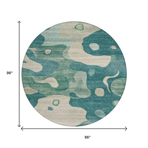 HomeRoots 5' Abstract Teal Blue, Ivory & Beige Washable Area Rug for Indoor/Outdoor Spaces - Stylish & Durable 8' Round 630611