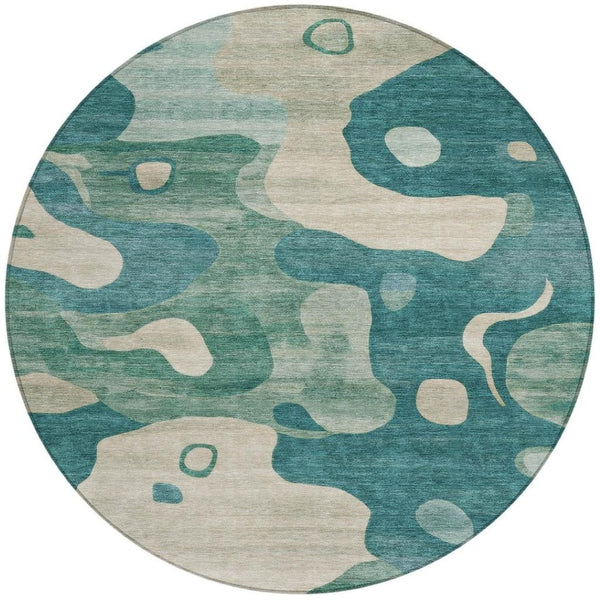 HomeRoots 5' Abstract Teal Blue, Ivory & Beige Washable Area Rug for Indoor/Outdoor Spaces - Stylish & Durable 8' Round 630611