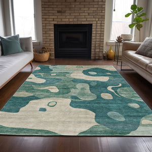 HomeRoots 5' Abstract Teal Blue, Ivory & Beige Washable Area Rug for Indoor/Outdoor Spaces - Stylish & Durable 8' X 10' 630612