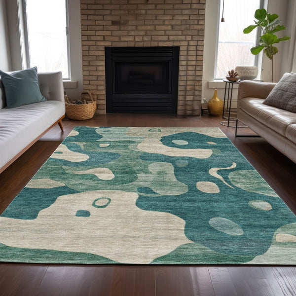 HomeRoots 5' Abstract Teal Blue, Ivory & Beige Washable Area Rug for Indoor/Outdoor Spaces - Stylish & Durable 8' X 10' 630612