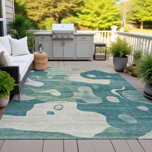 HomeRoots 5' Abstract Teal Blue, Ivory & Beige Washable Area Rug for Indoor/Outdoor Spaces - Stylish & Durable 9' X 12' 630613