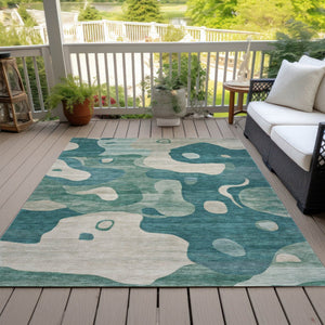 HomeRoots 5' Abstract Teal Blue, Ivory & Beige Washable Area Rug for Indoor/Outdoor Spaces - Stylish & Durable 9' X 12' 630613