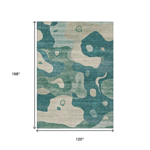 HomeRoots 5' Abstract Teal Blue, Ivory & Beige Washable Area Rug for Indoor/Outdoor Spaces - Stylish & Durable 10' X 14' 630614