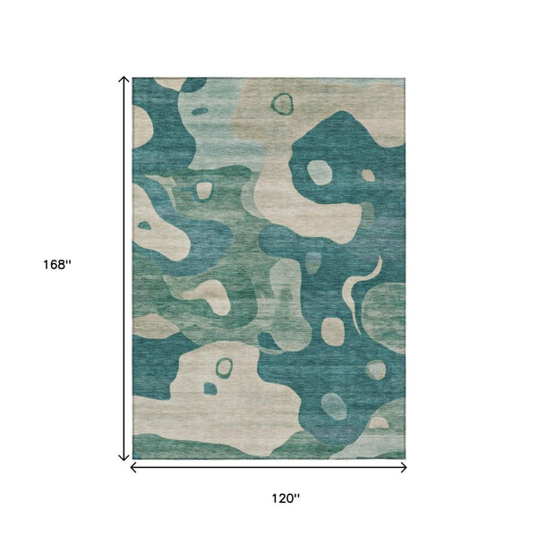 HomeRoots 5' Abstract Teal Blue, Ivory & Beige Washable Area Rug for Indoor/Outdoor Spaces - Stylish & Durable 10' X 14' 630614