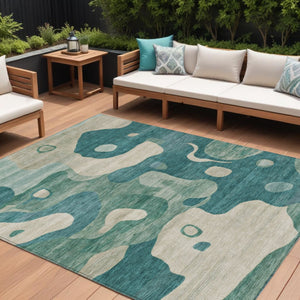 HomeRoots 5' Abstract Teal Blue, Ivory & Beige Washable Area Rug for Indoor/Outdoor Spaces - Stylish & Durable 10' X 14' 630614