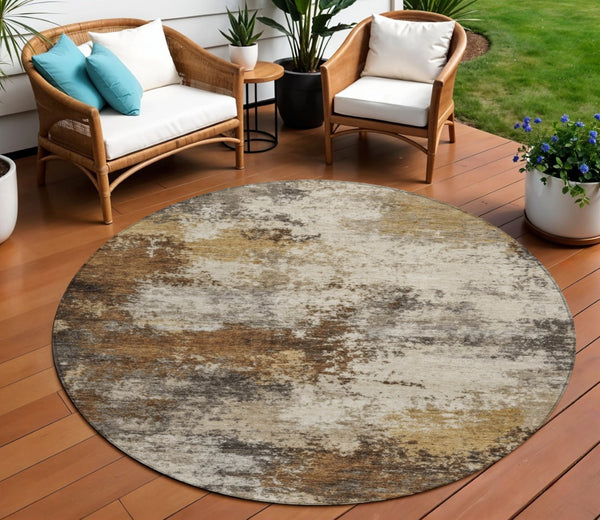 HomeRoots 5' Modern Brown and Beige Abstract Washable Area Rug for Indoor and Outdoor High-Traffic Spaces 8' Round 630617