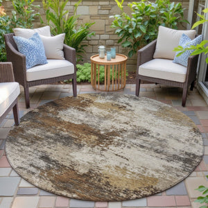HomeRoots 5' Modern Brown and Beige Abstract Washable Area Rug for Indoor and Outdoor High-Traffic Spaces 8' Round 630617