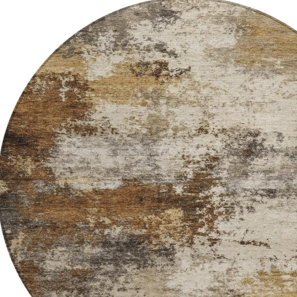 HomeRoots 5' Modern Brown and Beige Abstract Washable Area Rug for Indoor and Outdoor High-Traffic Spaces 8' Round 630617