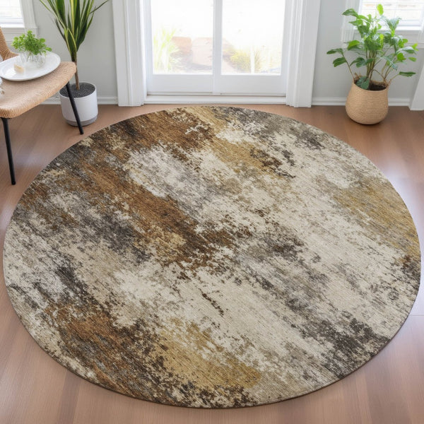 HomeRoots 5' Modern Brown and Beige Abstract Washable Area Rug for Indoor and Outdoor High-Traffic Spaces 8' Round 630617