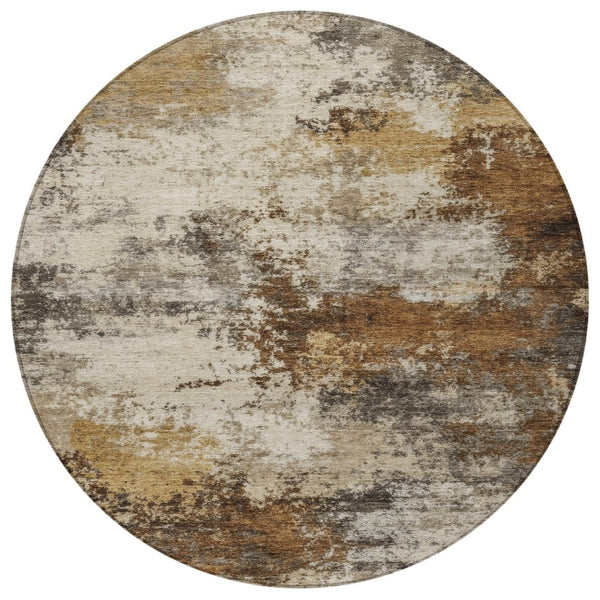 HomeRoots 5' Modern Brown and Beige Abstract Washable Area Rug for Indoor and Outdoor High-Traffic Spaces 8' Round 630617