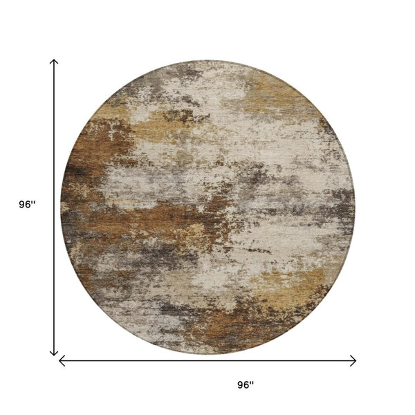 HomeRoots 5' Modern Brown and Beige Abstract Washable Area Rug for Indoor and Outdoor High-Traffic Spaces 8' Round 630617