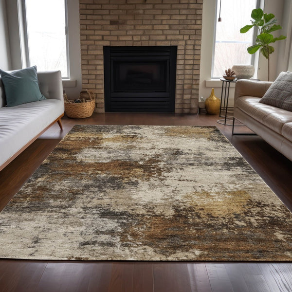 HomeRoots 5' Modern Brown and Beige Abstract Washable Area Rug for Indoor and Outdoor High-Traffic Spaces 8' X 10' 630618