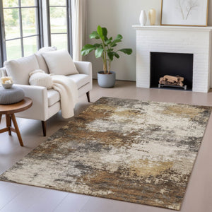 HomeRoots 5' Modern Brown and Beige Abstract Washable Area Rug for Indoor and Outdoor High-Traffic Spaces 9' X 12' 630619