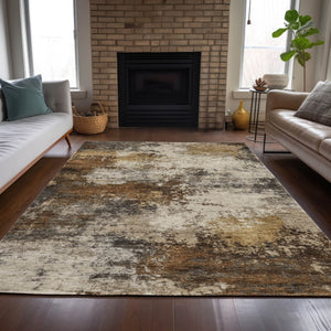 HomeRoots 5' Modern Brown and Beige Abstract Washable Area Rug for Indoor and Outdoor High-Traffic Spaces 10' X 14' 630620