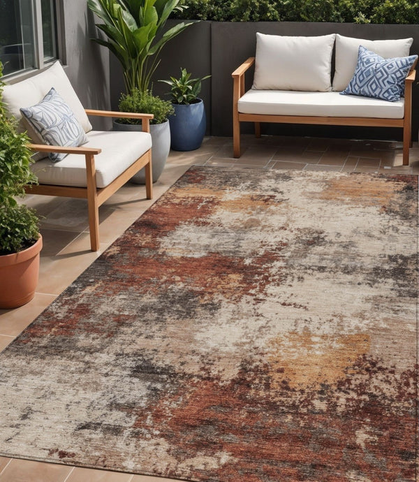 HomeRoots 5' Abstract Rust and Beige Area Rug - Durable, Washable Indoor/Outdoor Design for All Spaces 5' X 8' 630628