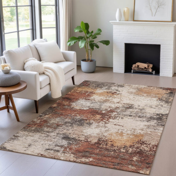 HomeRoots 5' Abstract Rust and Beige Area Rug - Durable, Washable Indoor/Outdoor Design for All Spaces 5' X 8' 630628