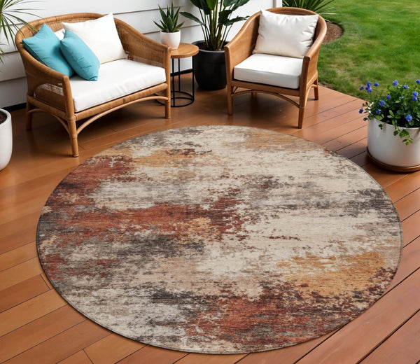 HomeRoots 5' Abstract Rust and Beige Area Rug - Durable, Washable Indoor/Outdoor Design for All Spaces 8' Round 630629